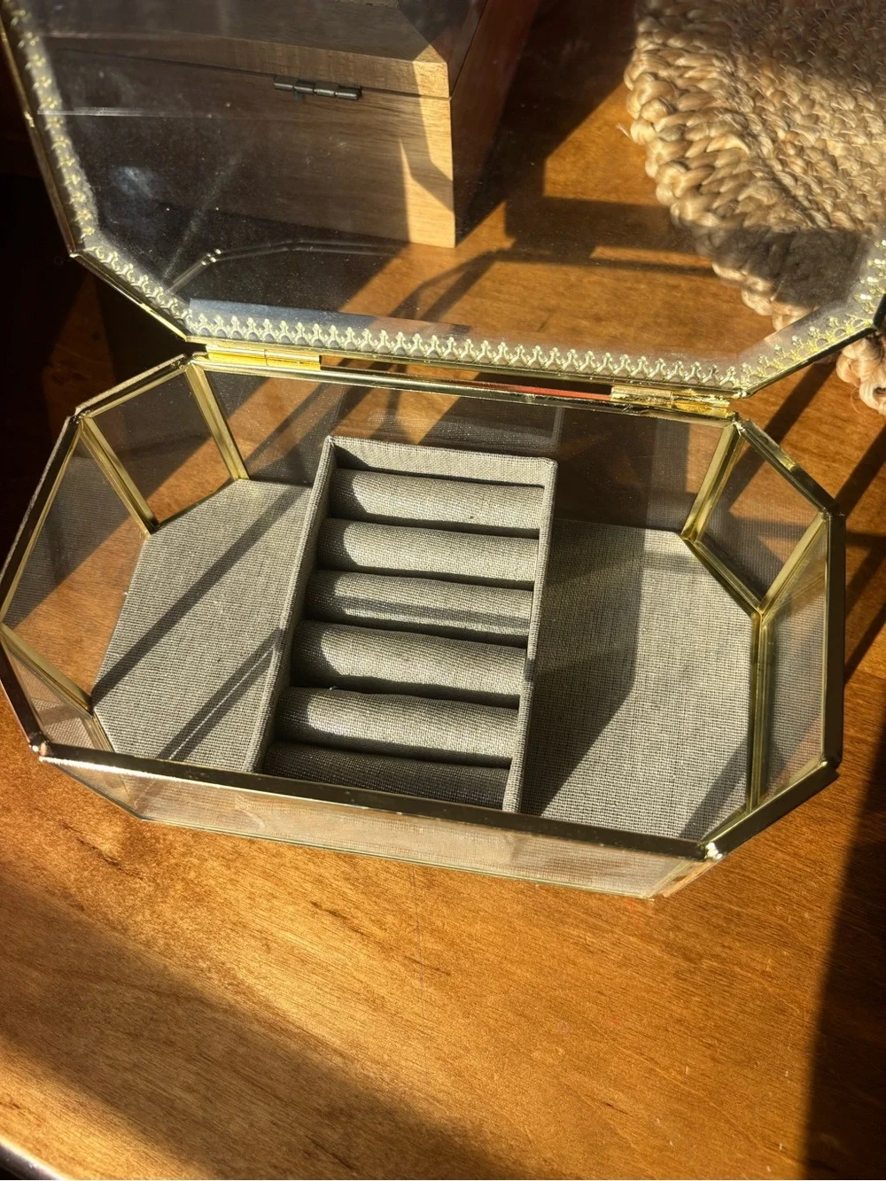Gold Glass Jewelry Box with Butterfly Clasp - Gray Interior